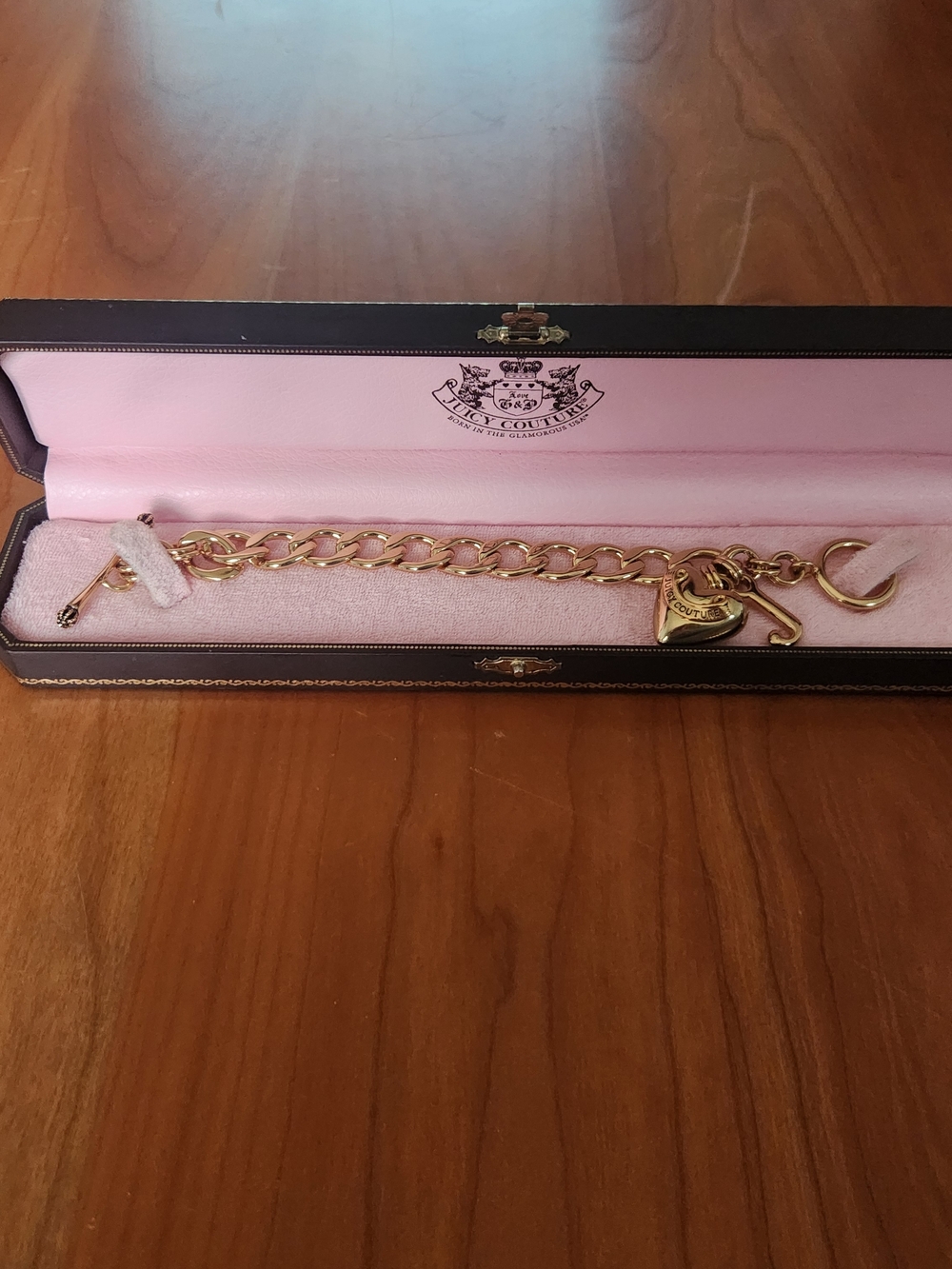 Juicy Couture Gold Tone Link Charm Bracelet with Heart Padlock